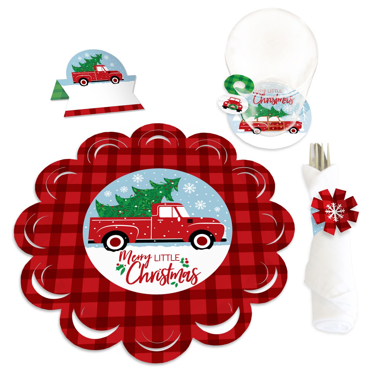 Big Dot of Happiness Merry Little Christmas Tree - Red Truck Christmas Party Paper Charger and Table Decorations Chargerific Kit for 8